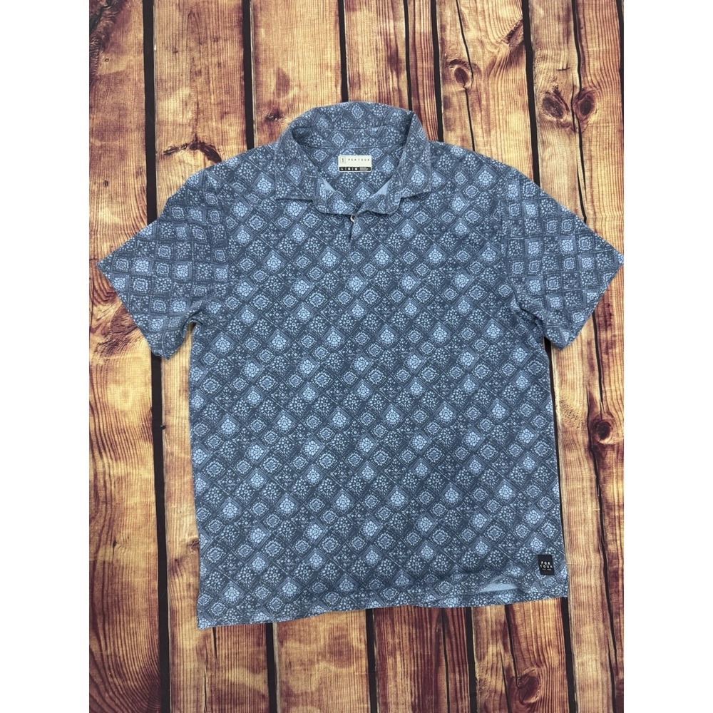 PGA TOUR Men's L Blue Geometric Short Sleeve Collared Polo Shirt Button